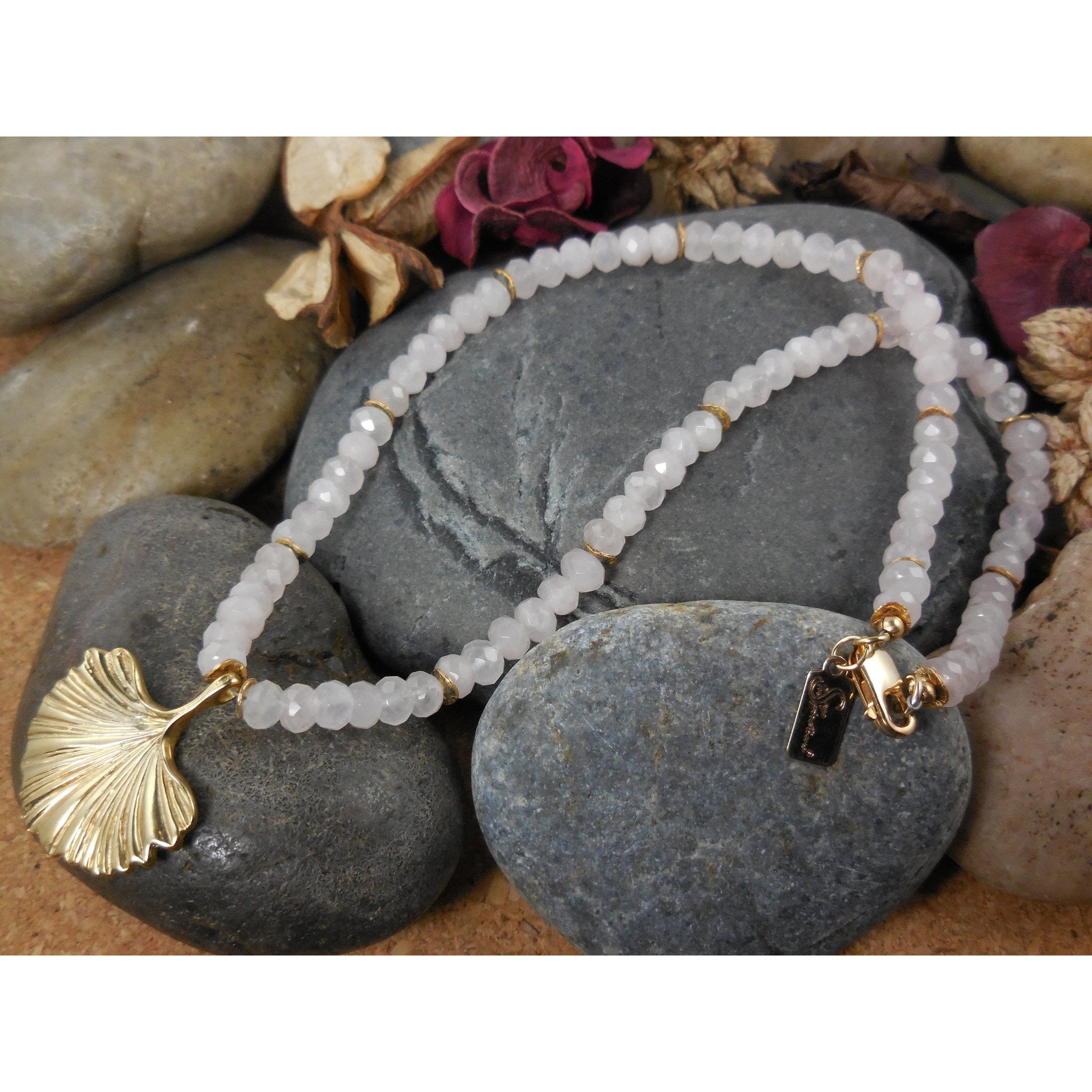 Gold-Filled Rose Quartz Gemstone Ginkgo Leaf Necklace