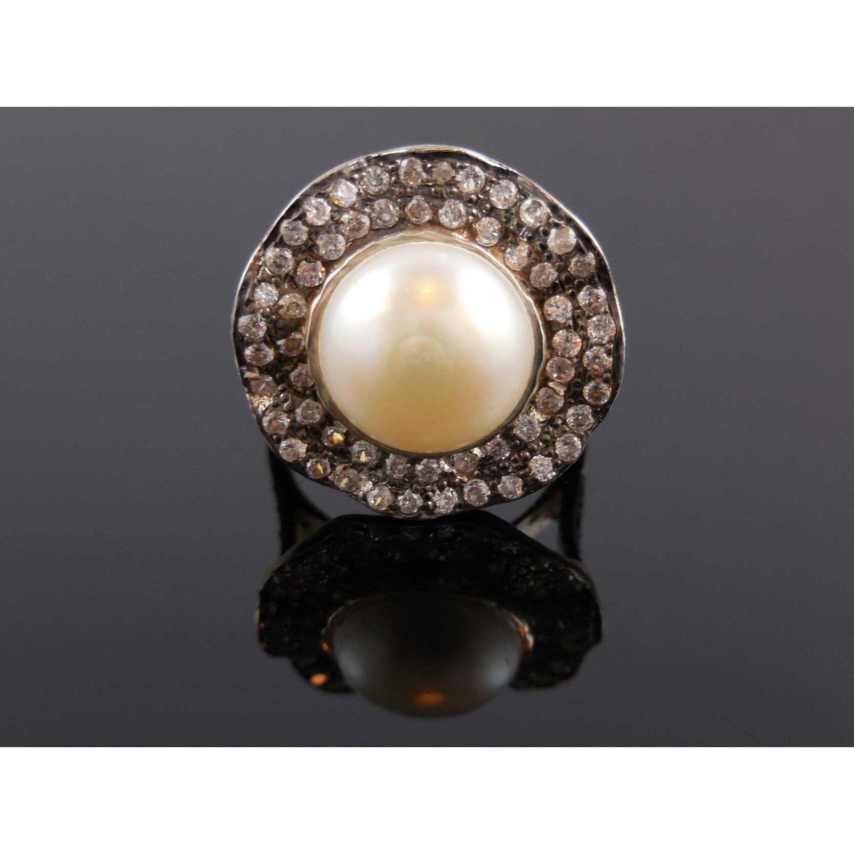 Pearl & CZ Sterling Silver Ring - Size 7.25