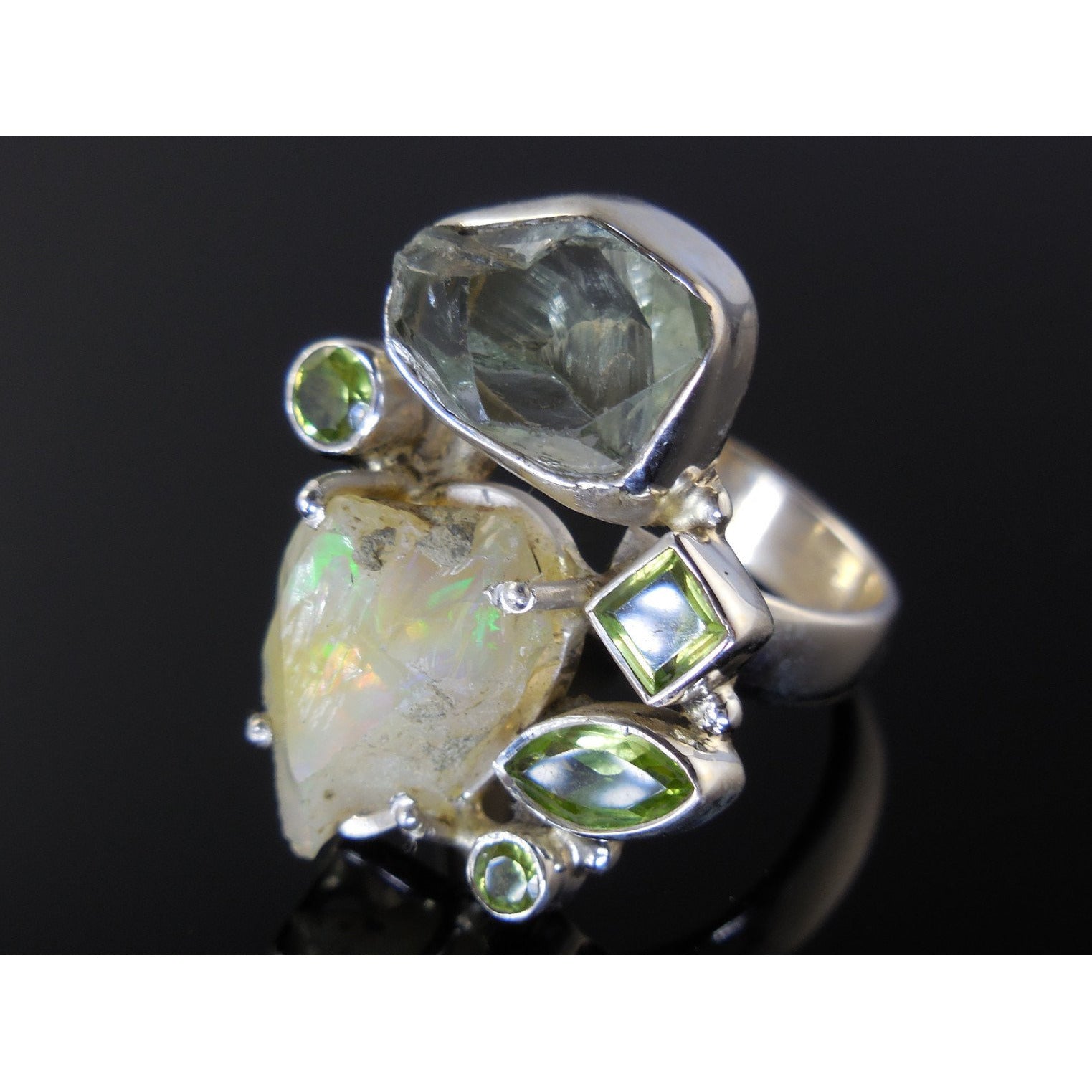 Ethiopian Opal and Green Amethyst Rough and Peridot Sterling Silver Ring - Size 8.25