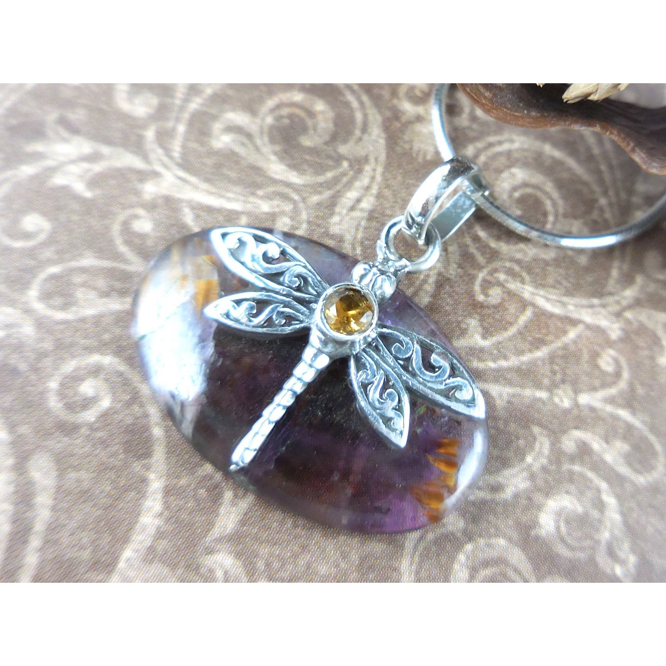 Cacoxenite & Citrine .925 Sterling Silver Dragonfly Pendant/Necklace