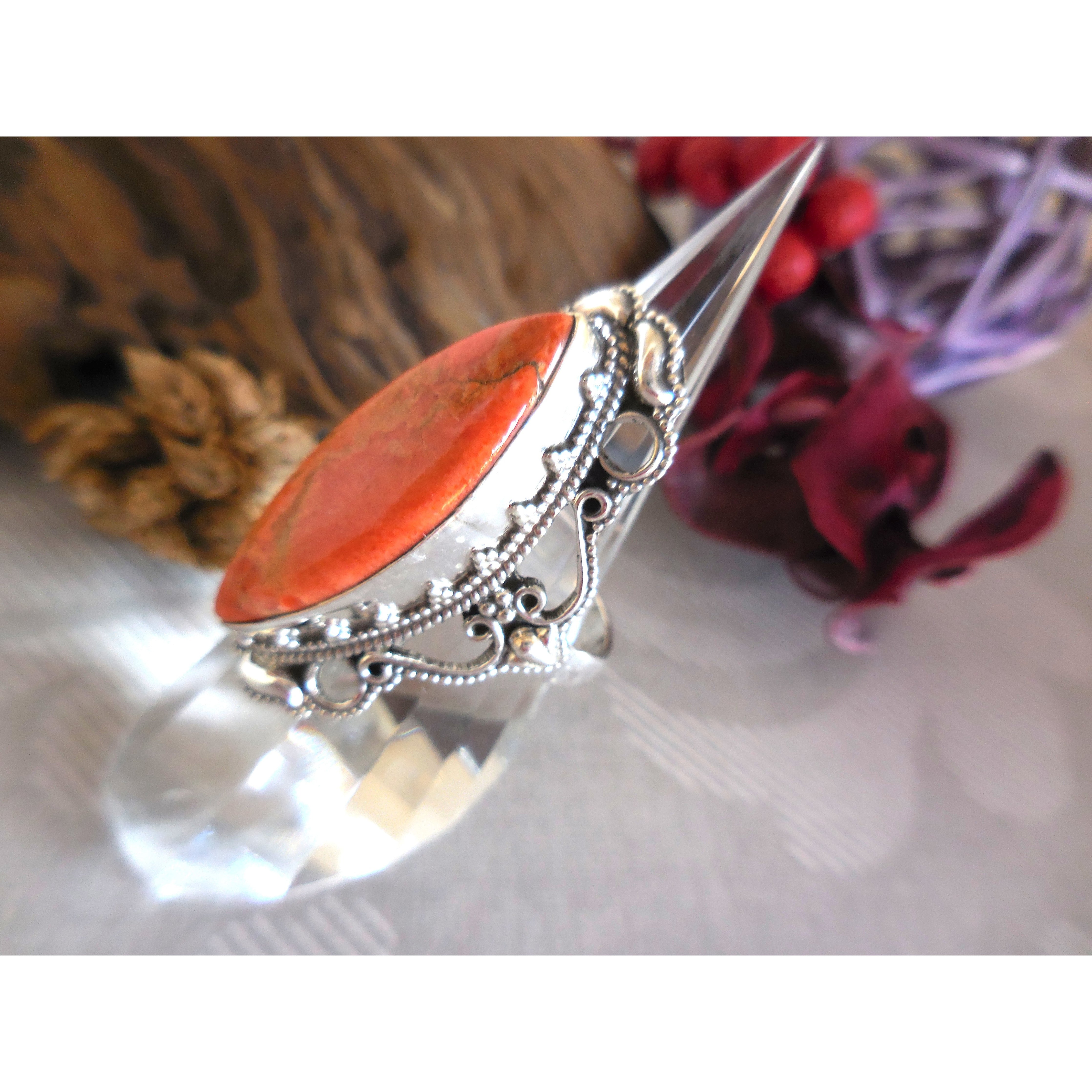 Ornate Italian Coral Cabochon Sterling Silver Ring 鈥 Size 7.25