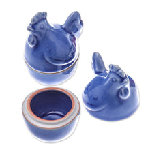Load image into Gallery viewer, Blue Ceramic Hen Egg Cups from Thailand (Pair) - Hen Breakfast | NOVICA
