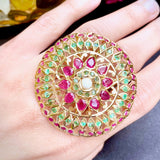 Statement Cocktail Ring in Gold Studded with Ruby Emerald and Pearl GLR 005