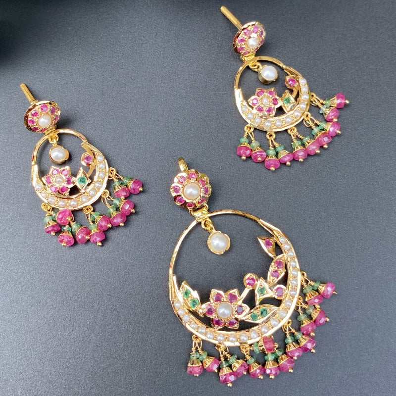 Multicoloured Jadau Pendant with Delicate Chandbali Earrings in 22ct Gold GPS 051