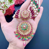 Short Rani Haar Styled Necklace Set in 22k Gold and Precious Stones GNS 056