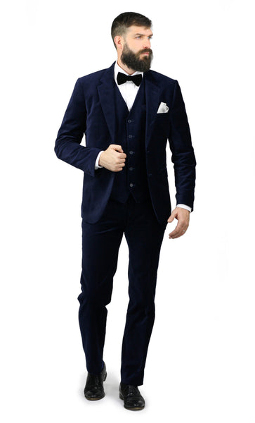 Navy Velvet Handmade Slim Fit 3 Piece Vested Suit All Sizes | ModLines