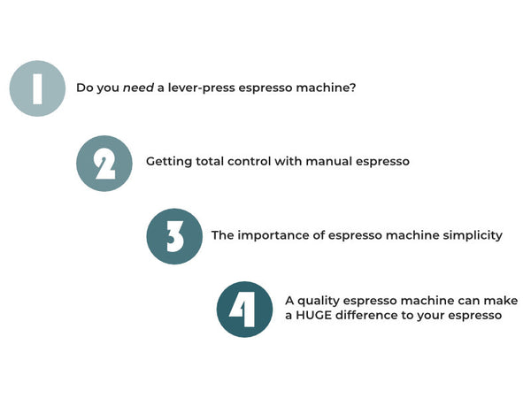 Graphic showing four key areas of consideration when purchasing a manual espresso maker.