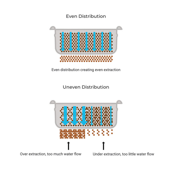 Infographic showing even extraction, under extraction, and over extraction of coffee.