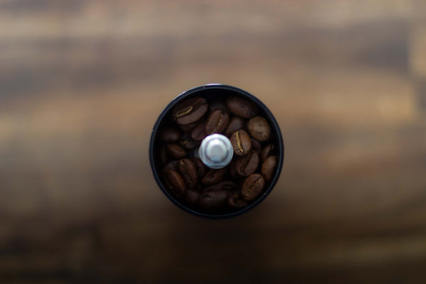 top-down view of coffee beans inside coffee grinder