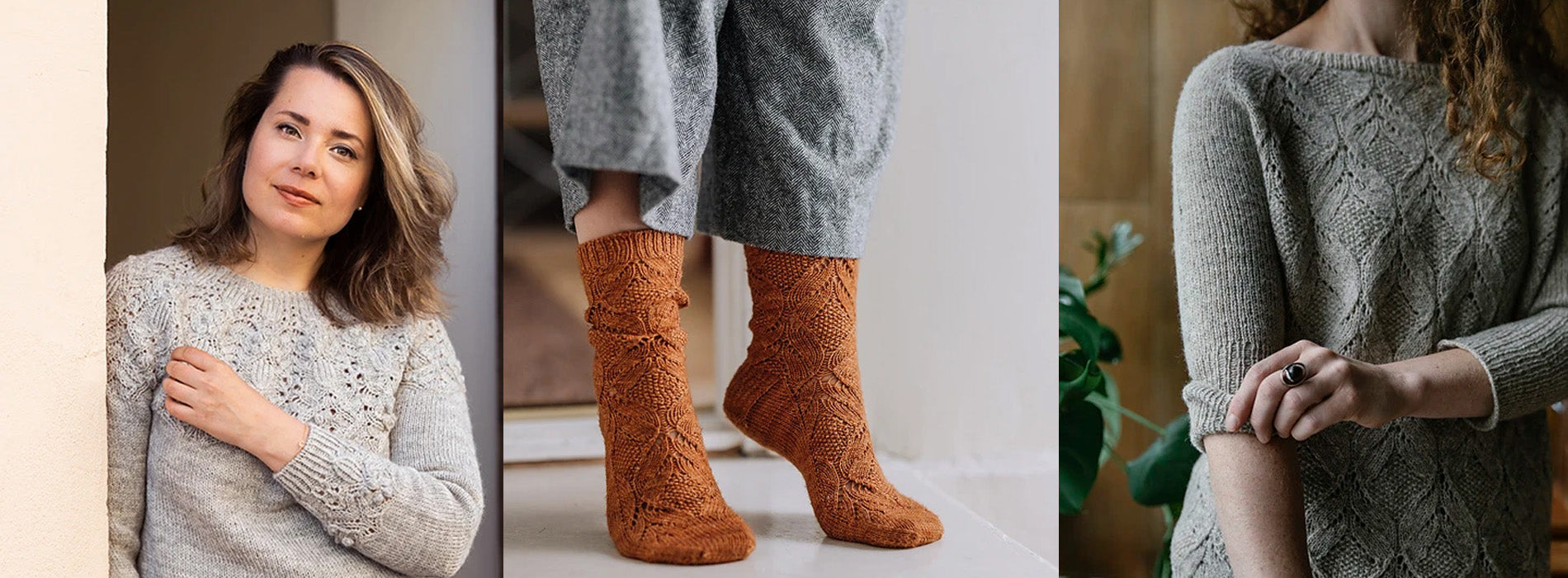 Three photos of Sari's patterns. First photo is the Rococo Pullover. Second photo is of Poet socks. Thrid photo is of Poet pullover