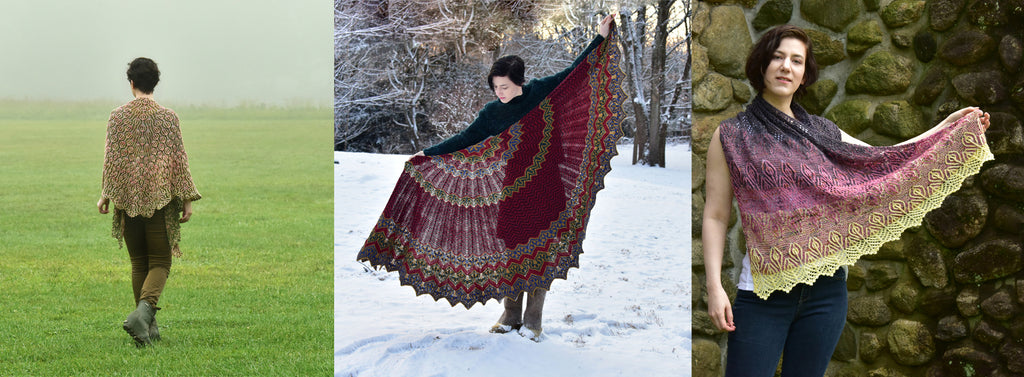 Collage showing three of Xandy's shawl designs