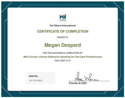 Canine Defensive Handling For Pet - Care Professionals Course Certificate