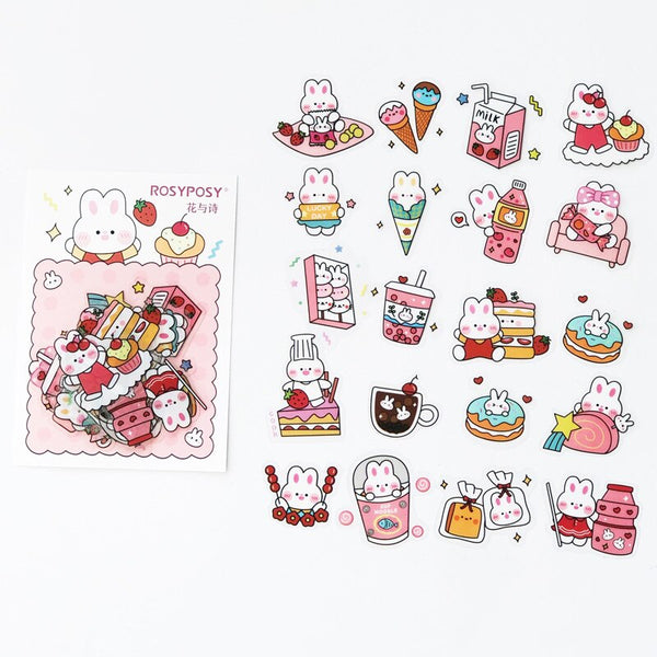 40pcs Cute Transparent Kawaii Rabbit Cake Sticker Pack.