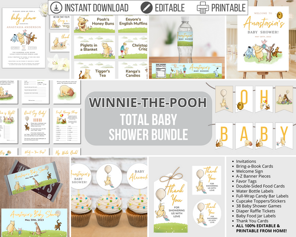 Classic Winnie the Pooh Baby Shower Game Bundle, Editable Winnie