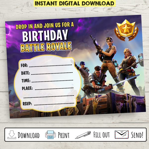 FREE Printable Fortnite Battle Royale Birthday Invitation Bright