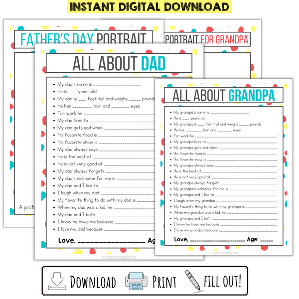Download All About Dad And Grandpa Printable Father S Day Questions Bright Color Mom Shop