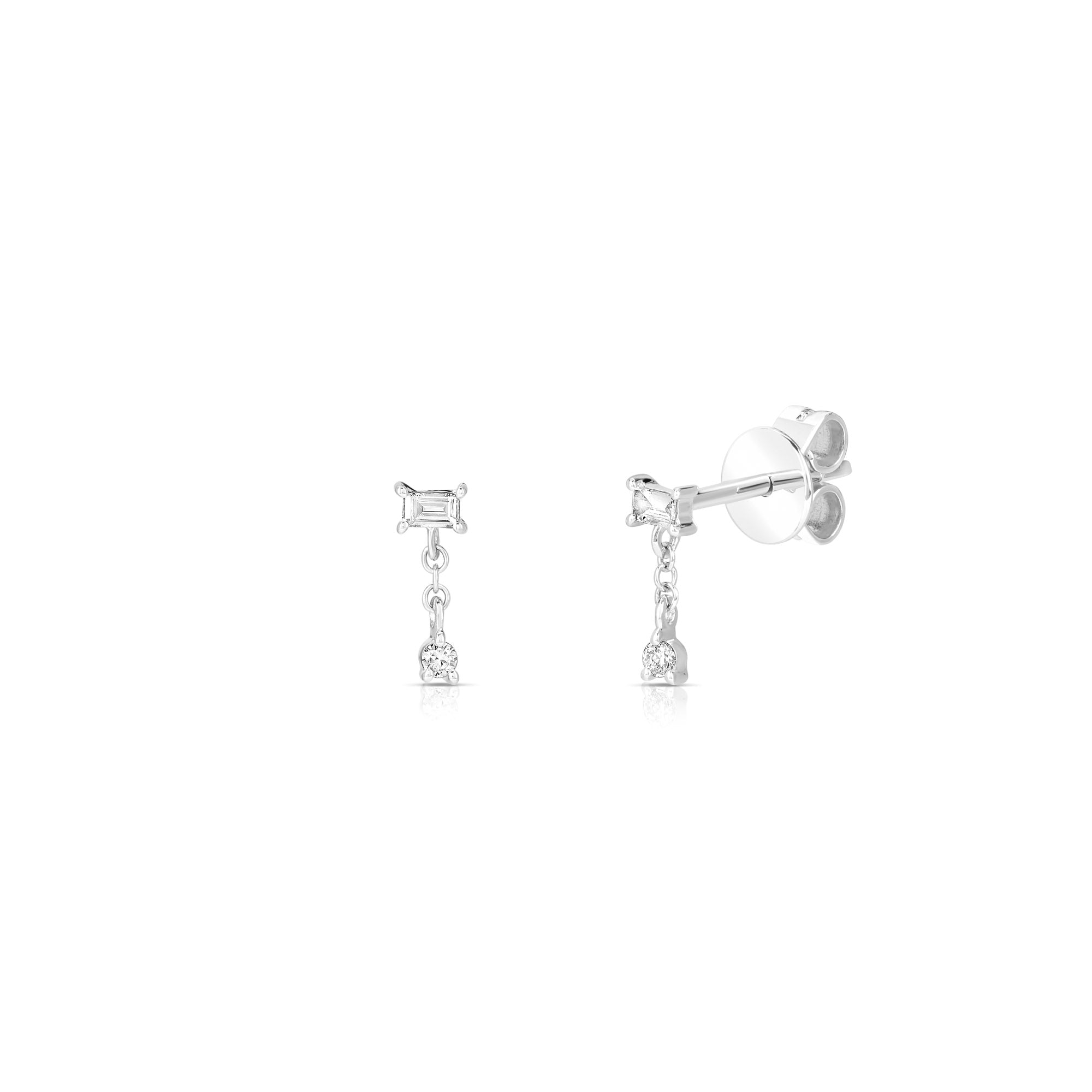 JustDesi Baguette Diamond Drop Studs in White Gold $295