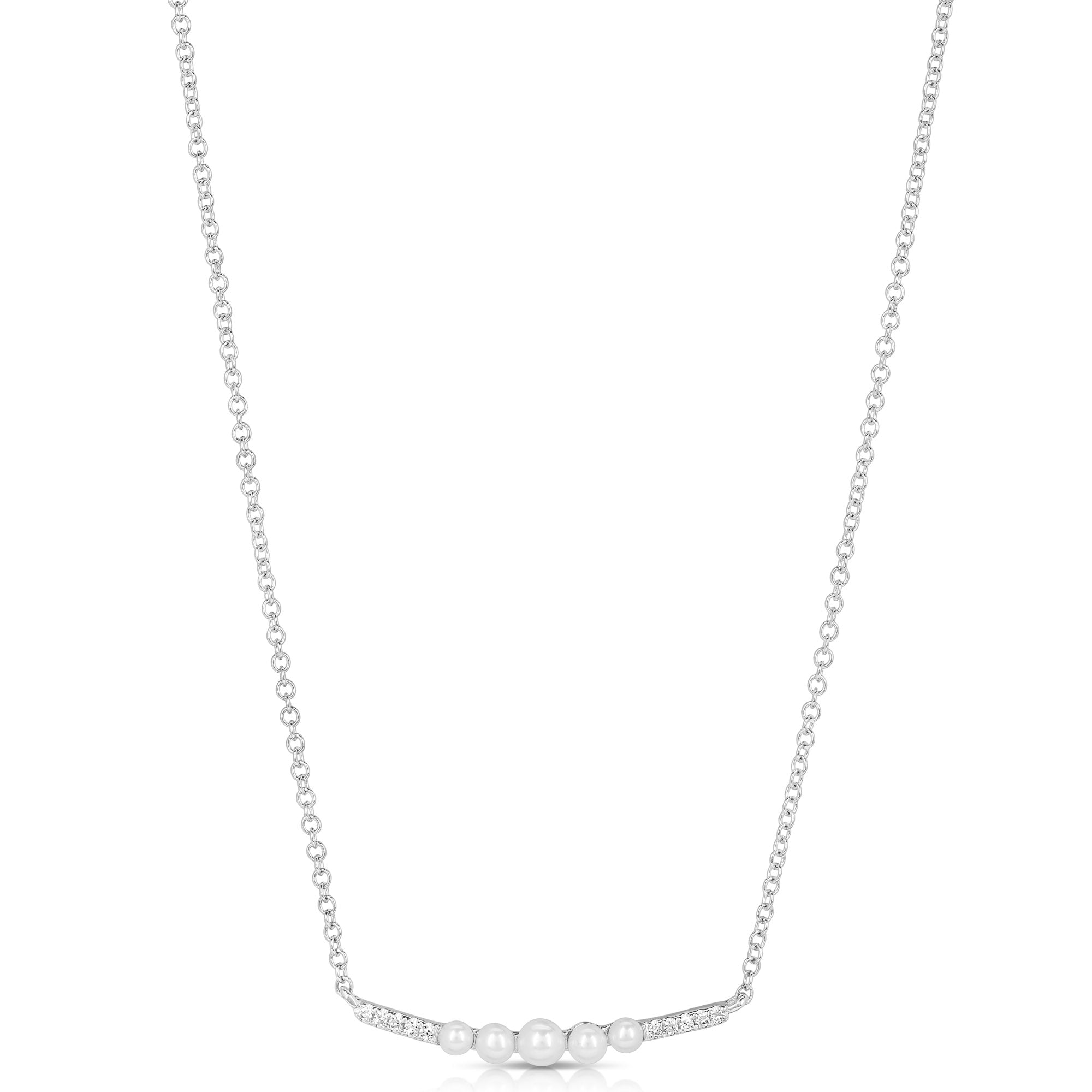 JustDesi Pearl and Diamond Bar Necklace in White Gold