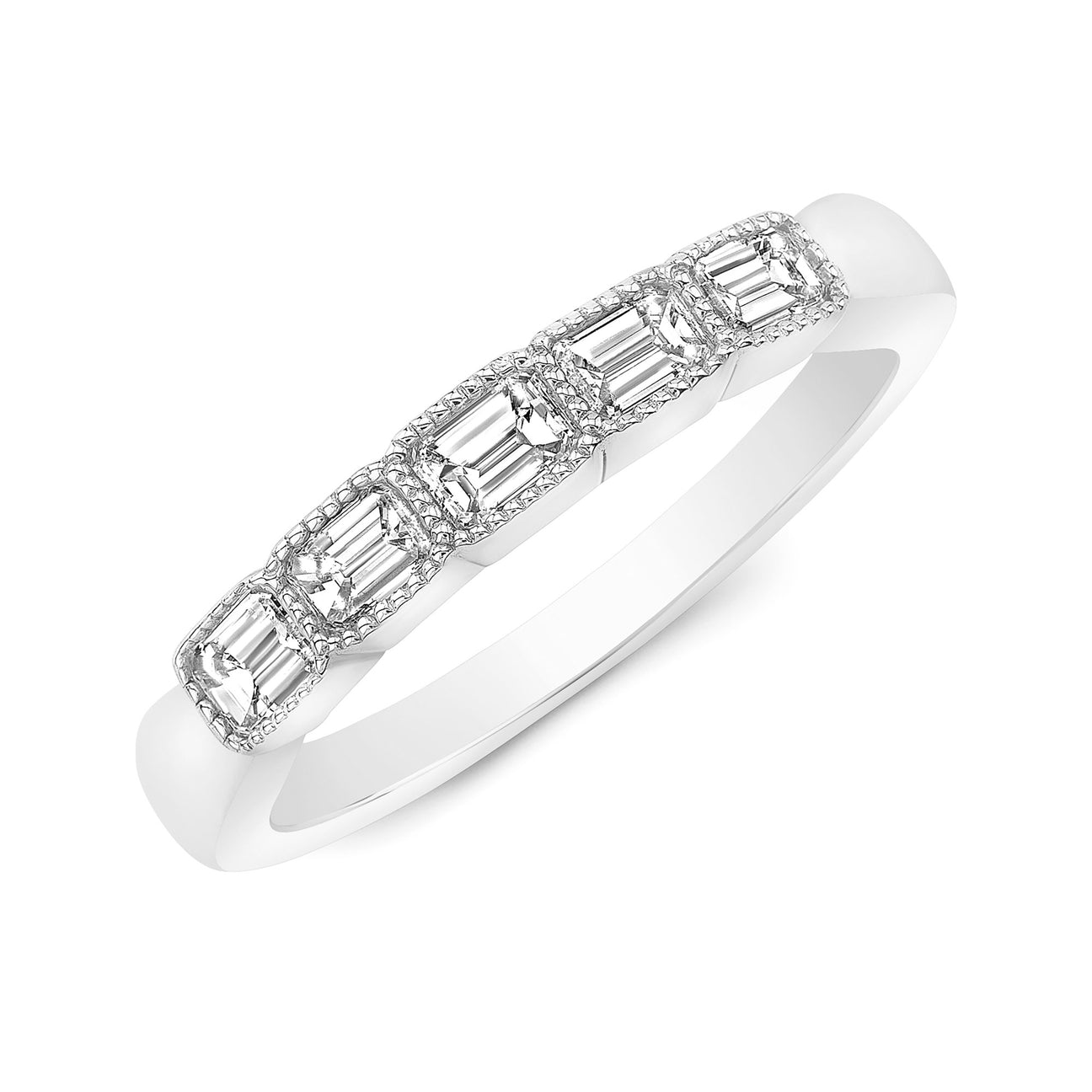 JustDesi Five Stone Emerald Cut Diamond Band in White Gold