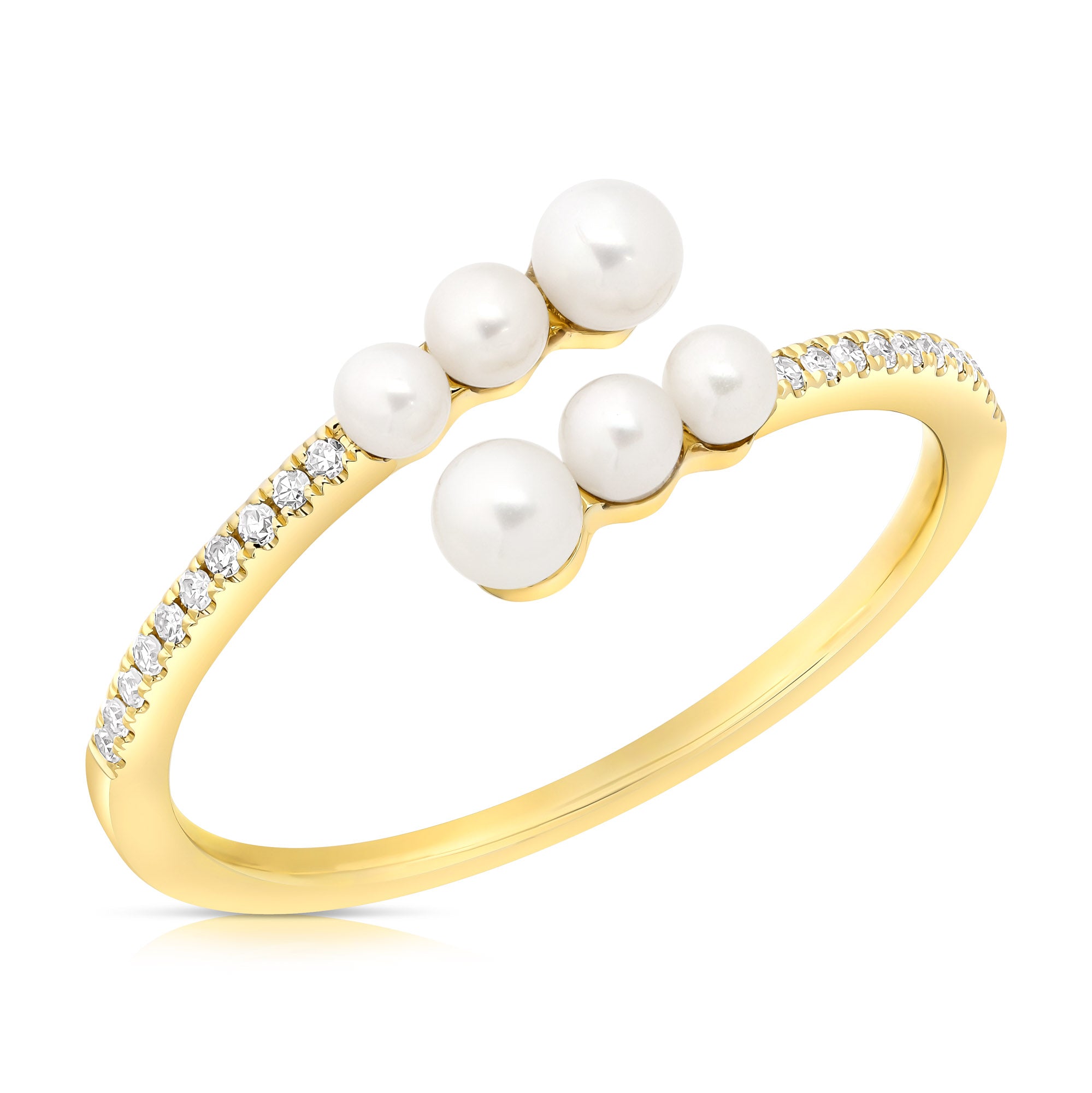 JustDesi Diamond and Pearl Bypass Ring in Yellow Gold