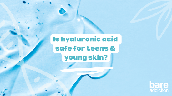 Text: Is Hyaluronic Acid Safe for Young and Teen Skin? Image: Hyaluronic acid in liquid form with text.