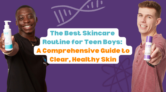 Teenage boys holding skincare products. The best skincare routine for Teen Boys.