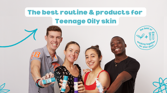 Choosing the best routine and products for Teenage Oily skin. 4 teenagers holding bottles of skincare.