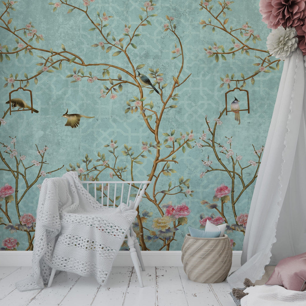 Chinoiserie Cherry Blossom Takeda Teal Wallpaper Mural 