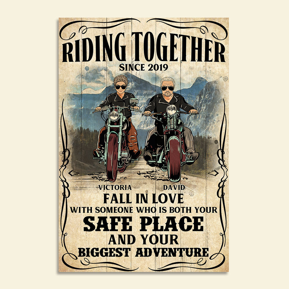 Personalized Couple Biker Poster Riding Together And Fall In Love Goduckee