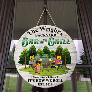 Personalized Gifts For Lego Family, Bar and Grill It&#39;s how we roll Custom Round Wooden Sign