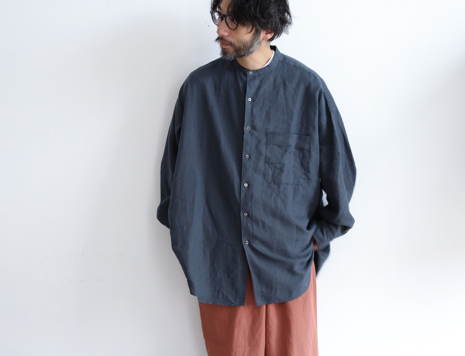 Linen L/S Oversized Band Collar Shirt smk-koperasi.sch.id