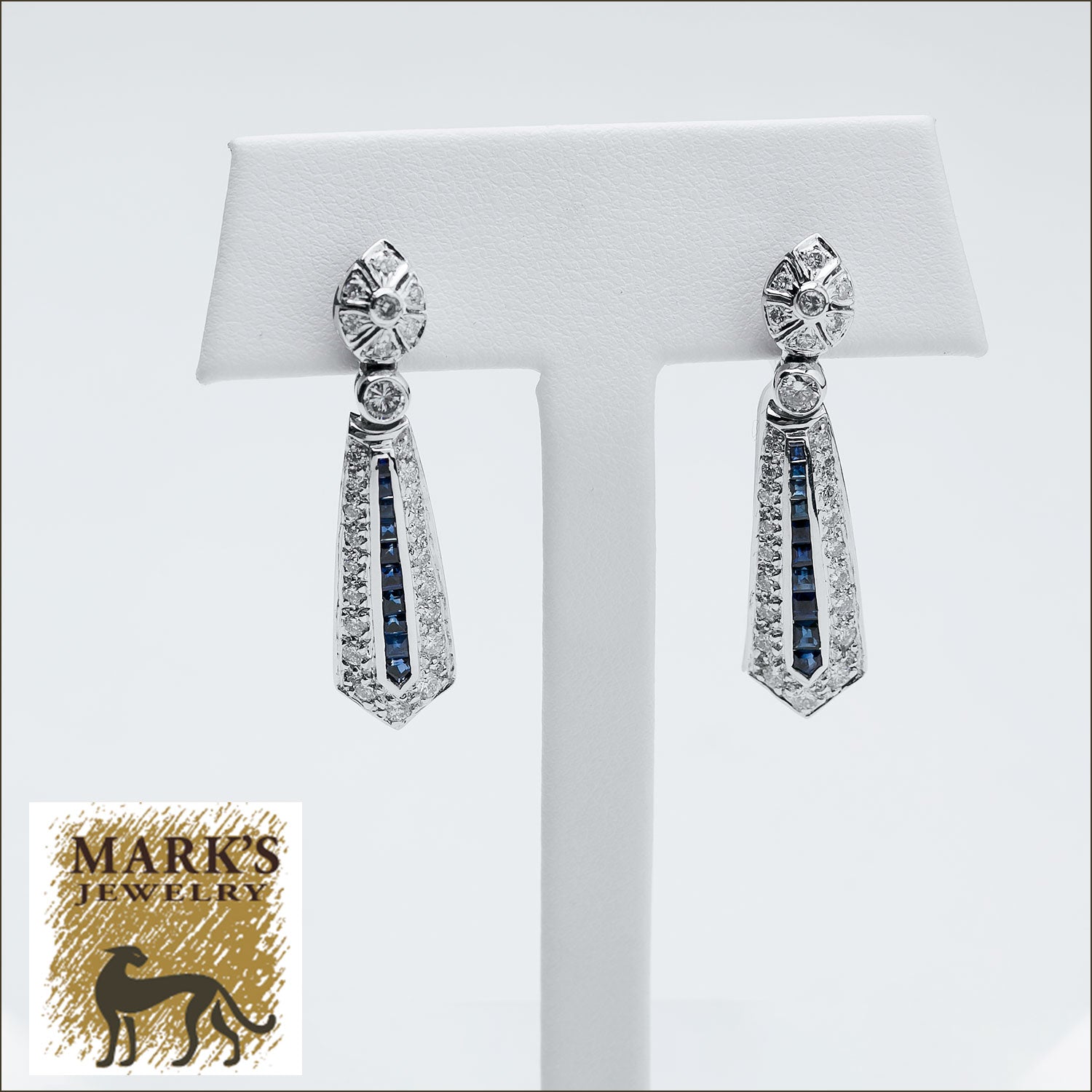 08937 Estate 14K White Gold Sapphire and Diamond Dangle Drop Earrings