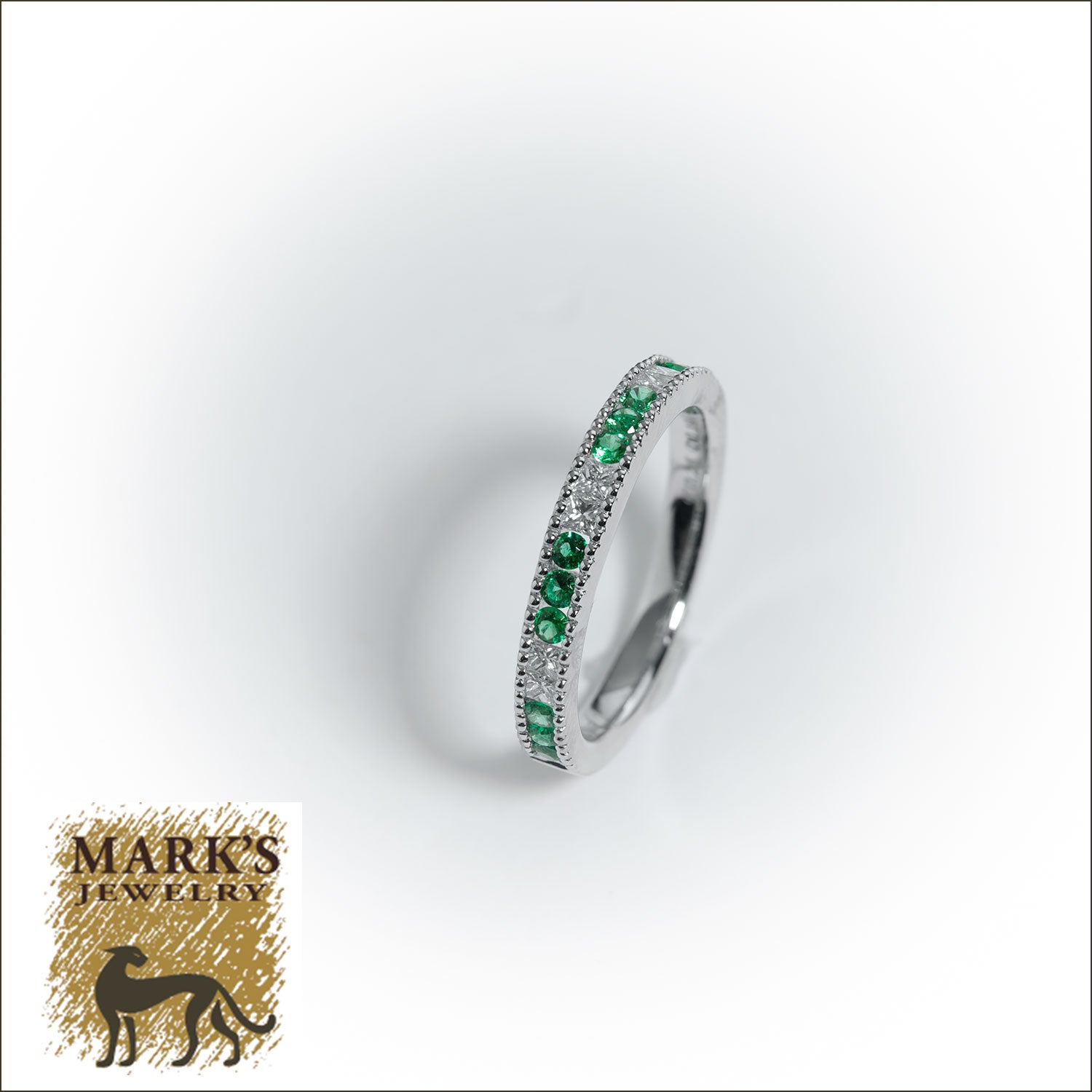 09145 14K White Gold Diamond & Emerald Band