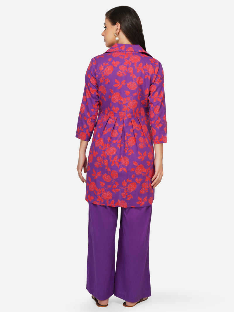 Fabnest cotton purple printed jacket style tunic paired with straight solid purple pants-Tunic Set-Fabnest