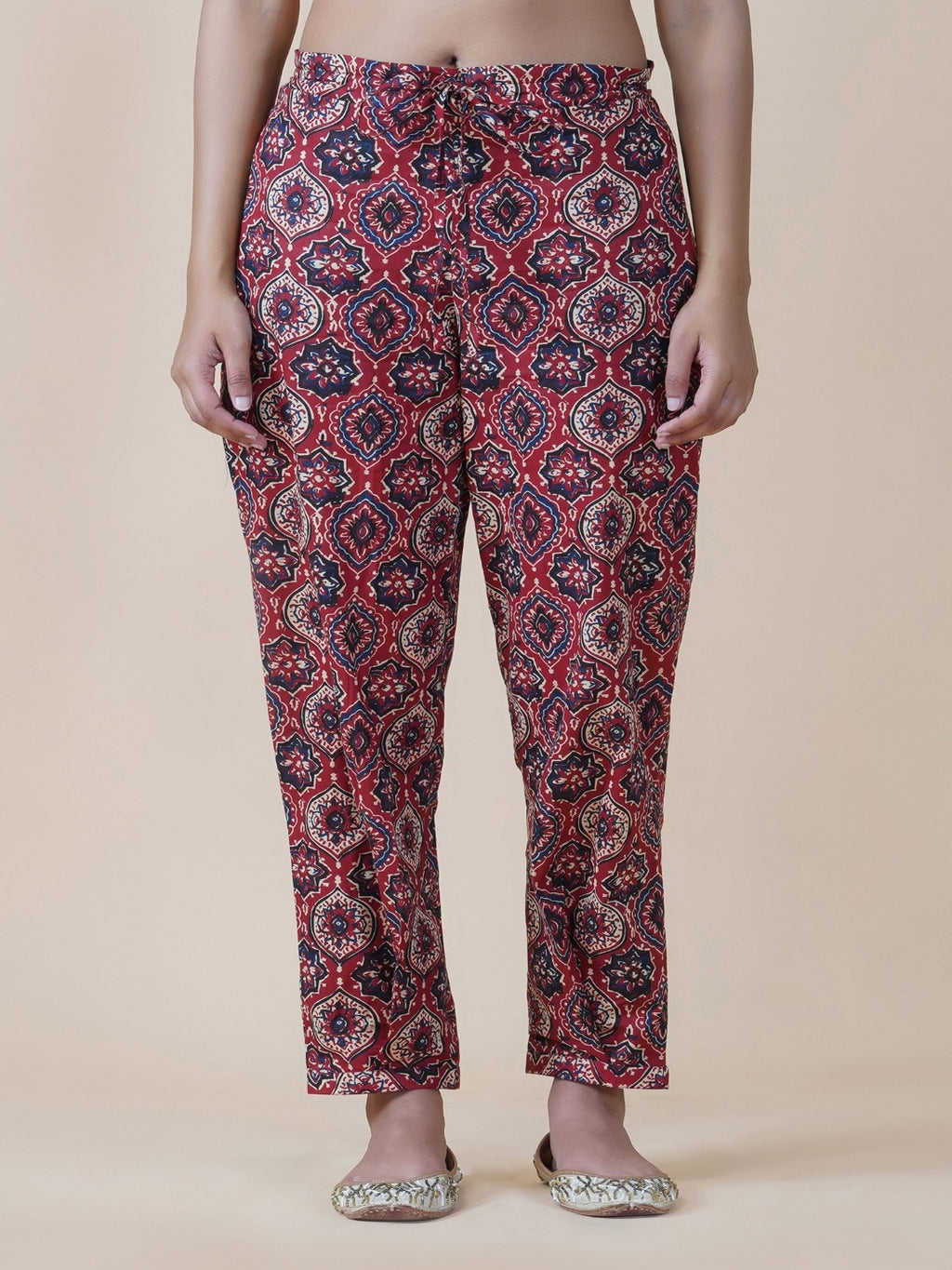 Fabnest cotton red ajrakh print pants with pleated bottom-Bottoms-Fabnest