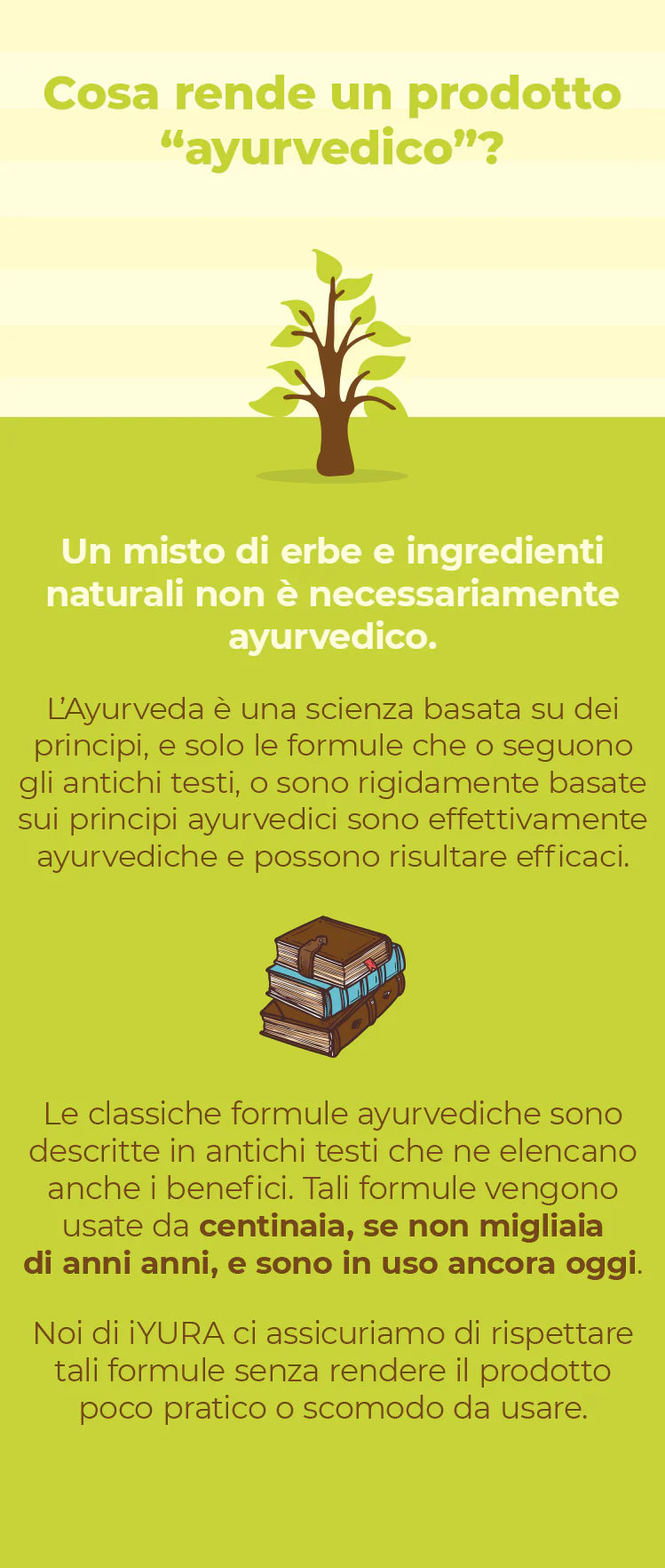 Infografica che spiega cosa rende un prodotto ayurvedico. Include un albero stilizzato e testo che chiarisce che solo le formule basate su antichi testi ayurvedici sono autenticamente ayurvediche. Presenta anche un'illustrazione di libri impilati.