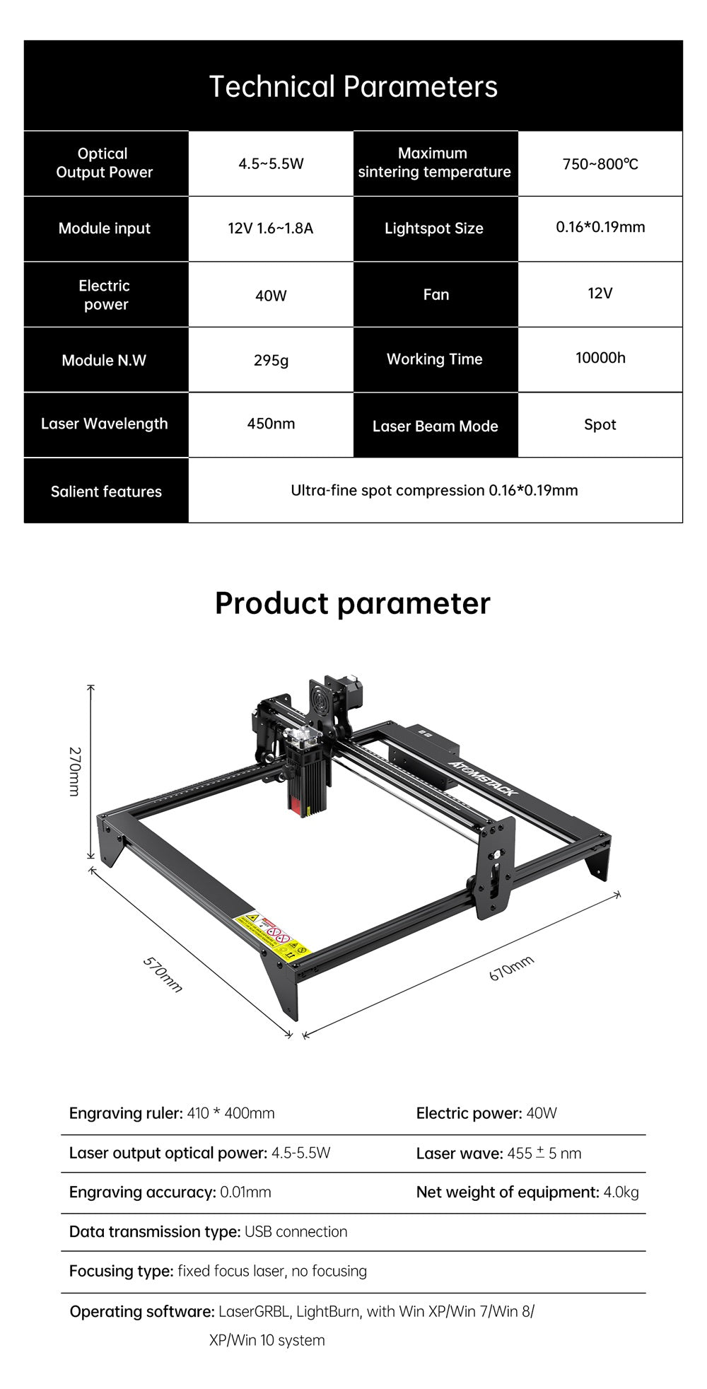 ATOMSTACK A5 PRO 40W Laser Engraving Machine 450nm Print Size 410
