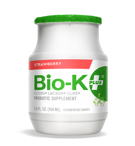 Bottle of Bio-K+ Strawberry FERMENTED DAIRY DRINKABLE PROBIOTIC