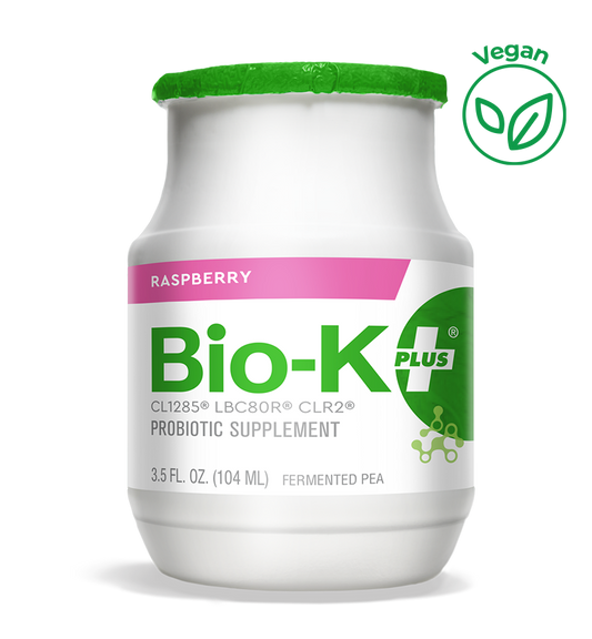 Bottle of Bio-K+ Raspberry FERMENTED PEA VEGAN DRINKABLE PROBIOTIC