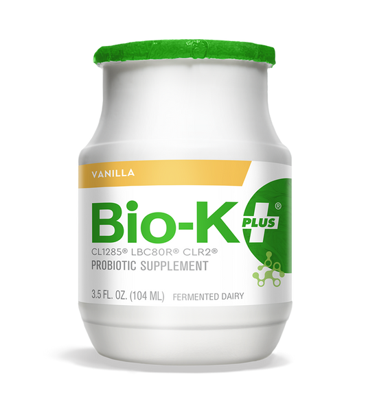 Bottle of Bio-K+ Vanilla FERMENTED DAIRY DRINKABLE PROBIOTIC