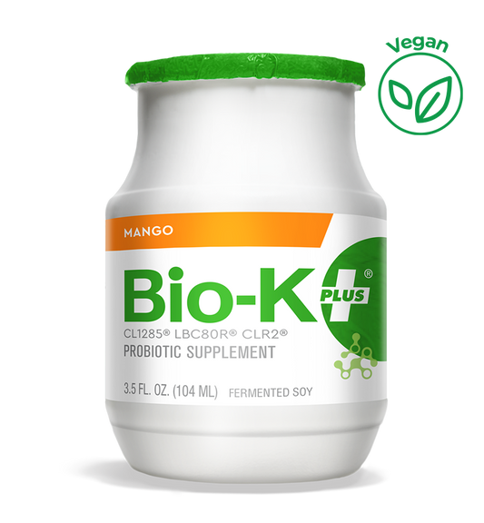 Bottle of Bio-K+ Mango FERMENTED SOY VEGAN DRINKABLE PROBIOTIC