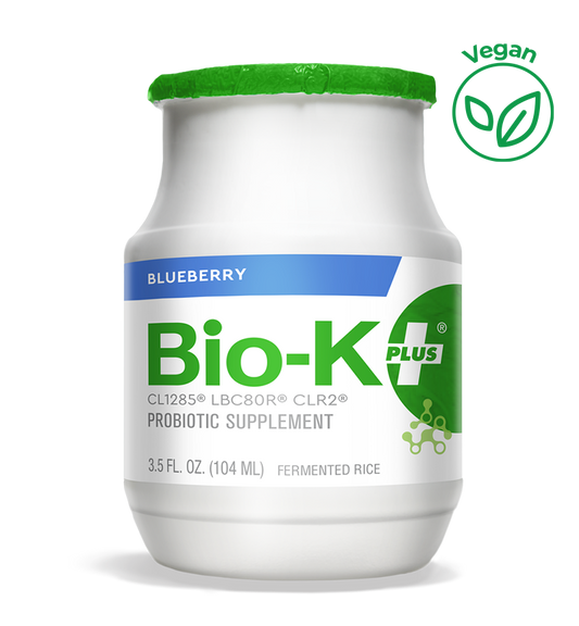 Bottle of Bio-K+ Blueberry FERMENTED RICE VEGAN DRINKABLE PROBIOTIC