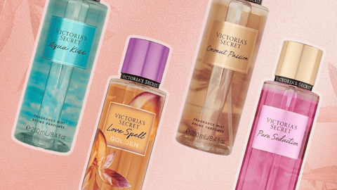 Fyra Victoria's Secret body mists mot rosa bakgrund.