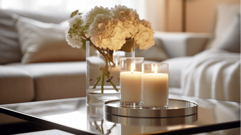 Två tända vita ljus på ett reflekterande glasbord, med en bukett vita blommor i en glasvas i ett ljust vardagsrum.