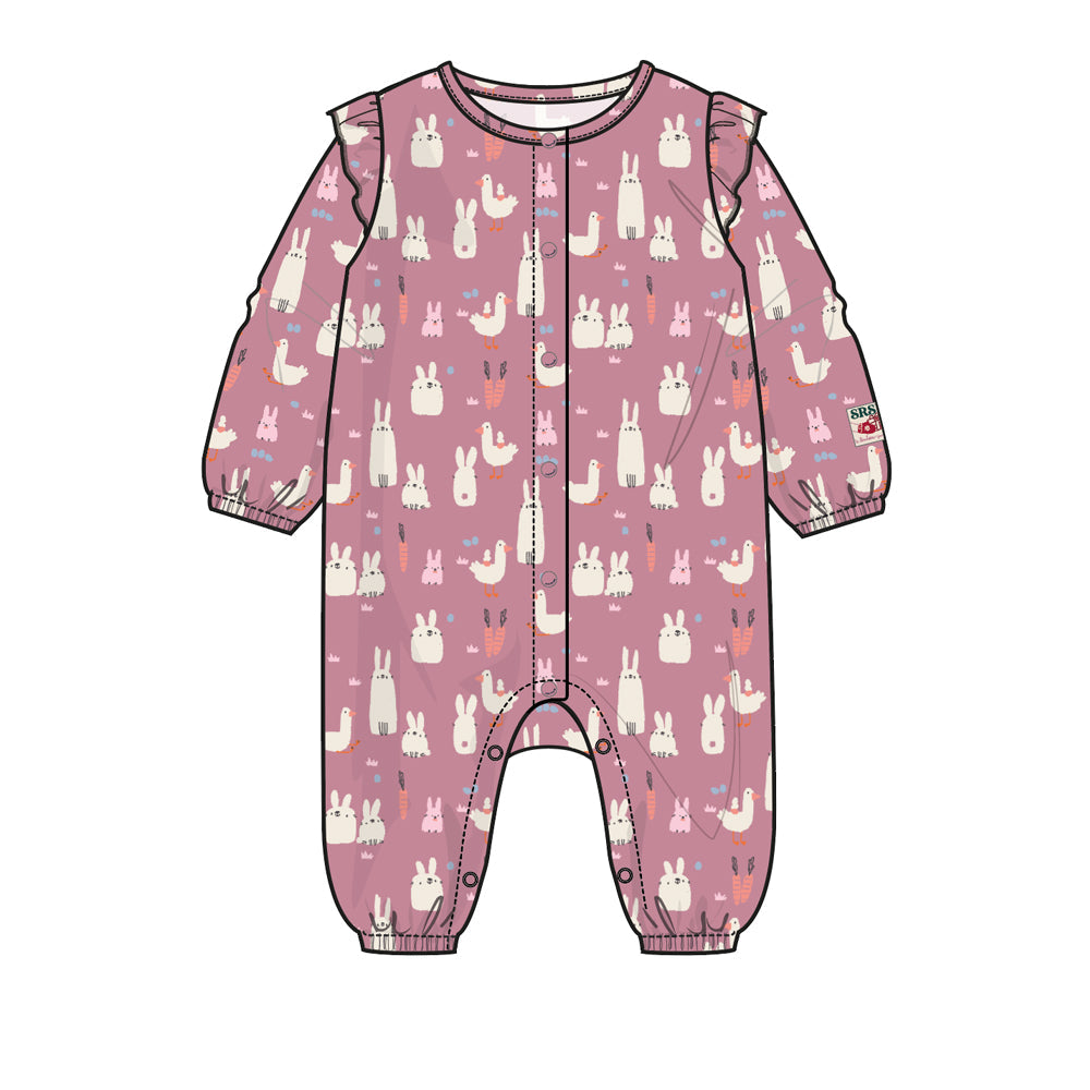 Pyjama une-pièce rose avec motifs de lapins et de canards en doux polyester, bébé || One piece pink pyjamas with bunny and duck  - Sourismini Wholesale CA product image