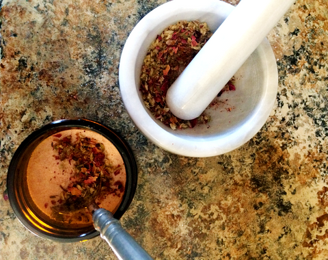 Mortar and Pestle with rose petals