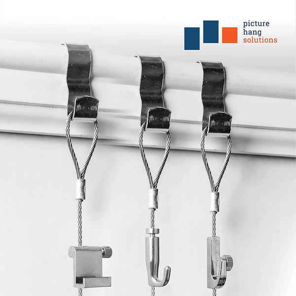 Side screw hooks attached to steel loop cables as part of a picture rail system