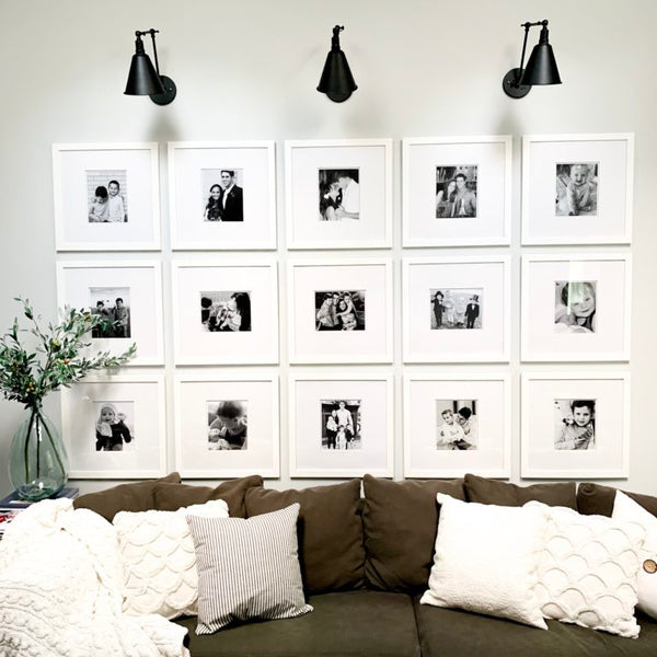 Grid wall using black and white photos in white frames