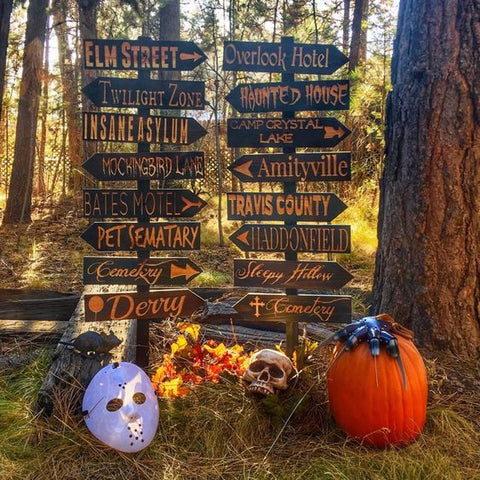 Street signs of Halloween references in outdoor display
