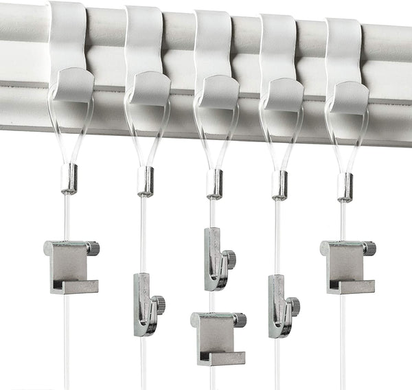 white picture rail hooks set in white and nylon loop cables